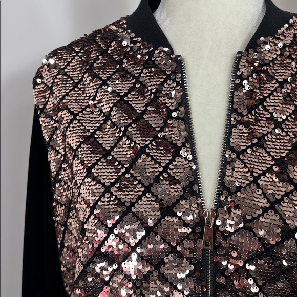 Privy Rose Gold Sequin Bomber velour Jacket Large - Picture 3 of 9